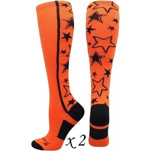 2 Pairs MadSportsStuff Over the Calf Softball Socks - Orange/Black Stars - Small